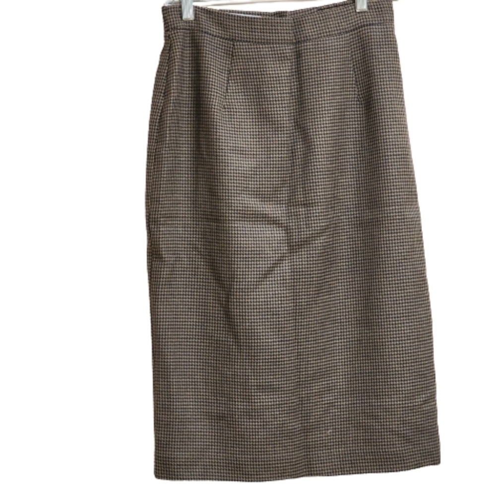Vintage Via Moda houndstooth wool blend midi pencil skirt color tan blue size S